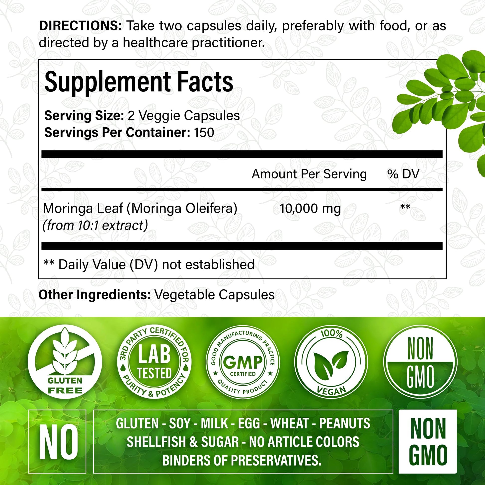 Moringa Capsules| Moringa Oleifera |10,000mg| 300 Capsules| 100% Pure| Non-GMO - Maple Wellness Supplements