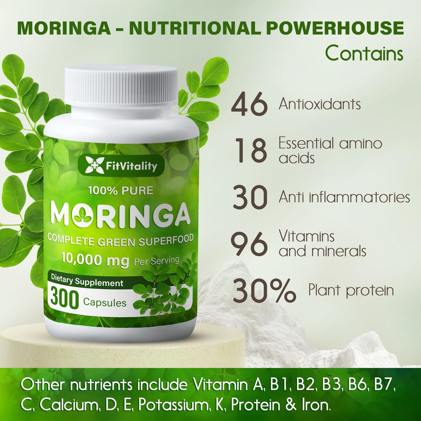 Moringa Capsules| Moringa Oleifera |10,000mg| 300 Capsules| 100% Pure| Non-GMO - Maple Wellness Supplements