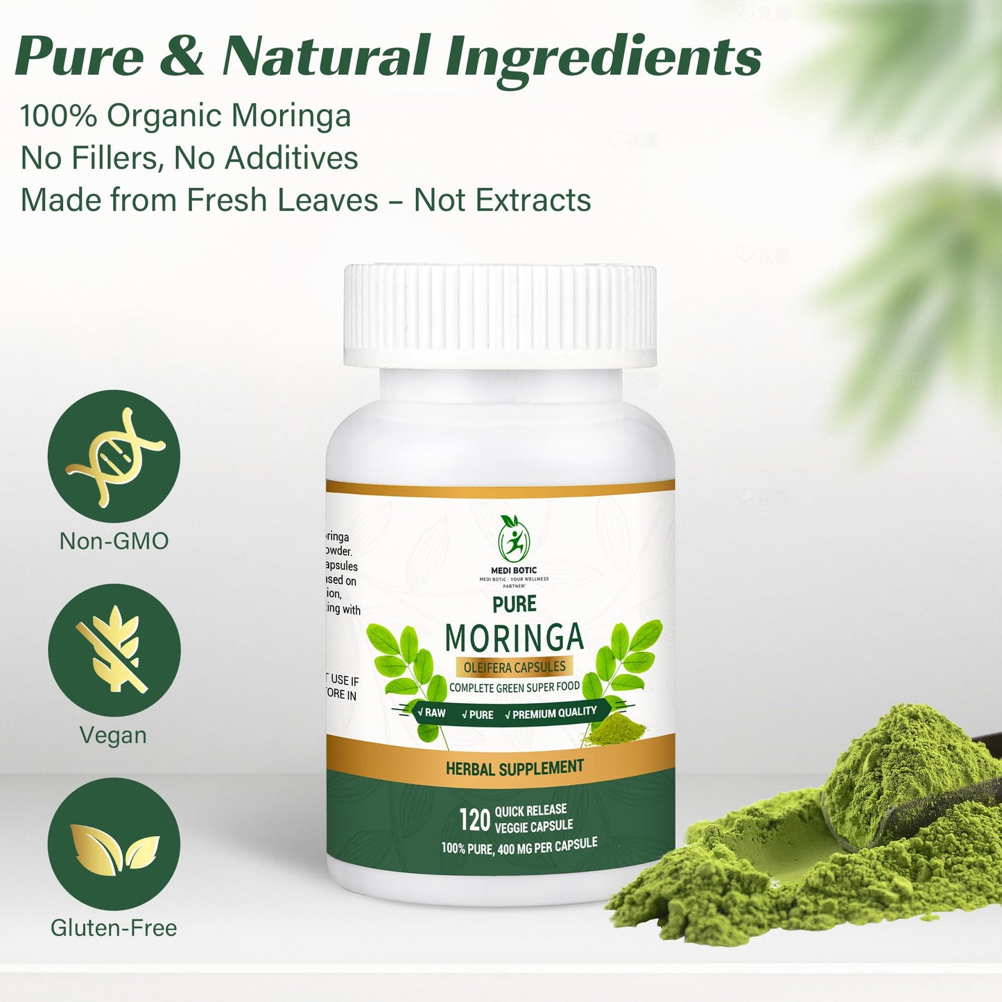Moringa Capsules, Moringa Pure Capsules For Energy, Immune Support, Gut Health & Powerful Green Superfood, Rich In Antioxidants, Essential Vitamins & Amino Acids - Maple Wellness Supplements