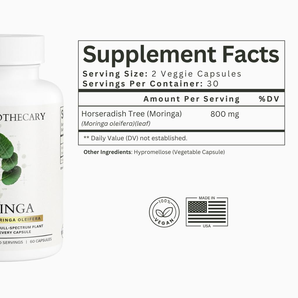 Moringa Oleifera Capsules 800mg - Pure Leaf Powder Superfood with Antioxidants Vitamins Minerals Amino Acids - Energy Immune Support Green Supplement for Men Women - Maple Wellness Supplements