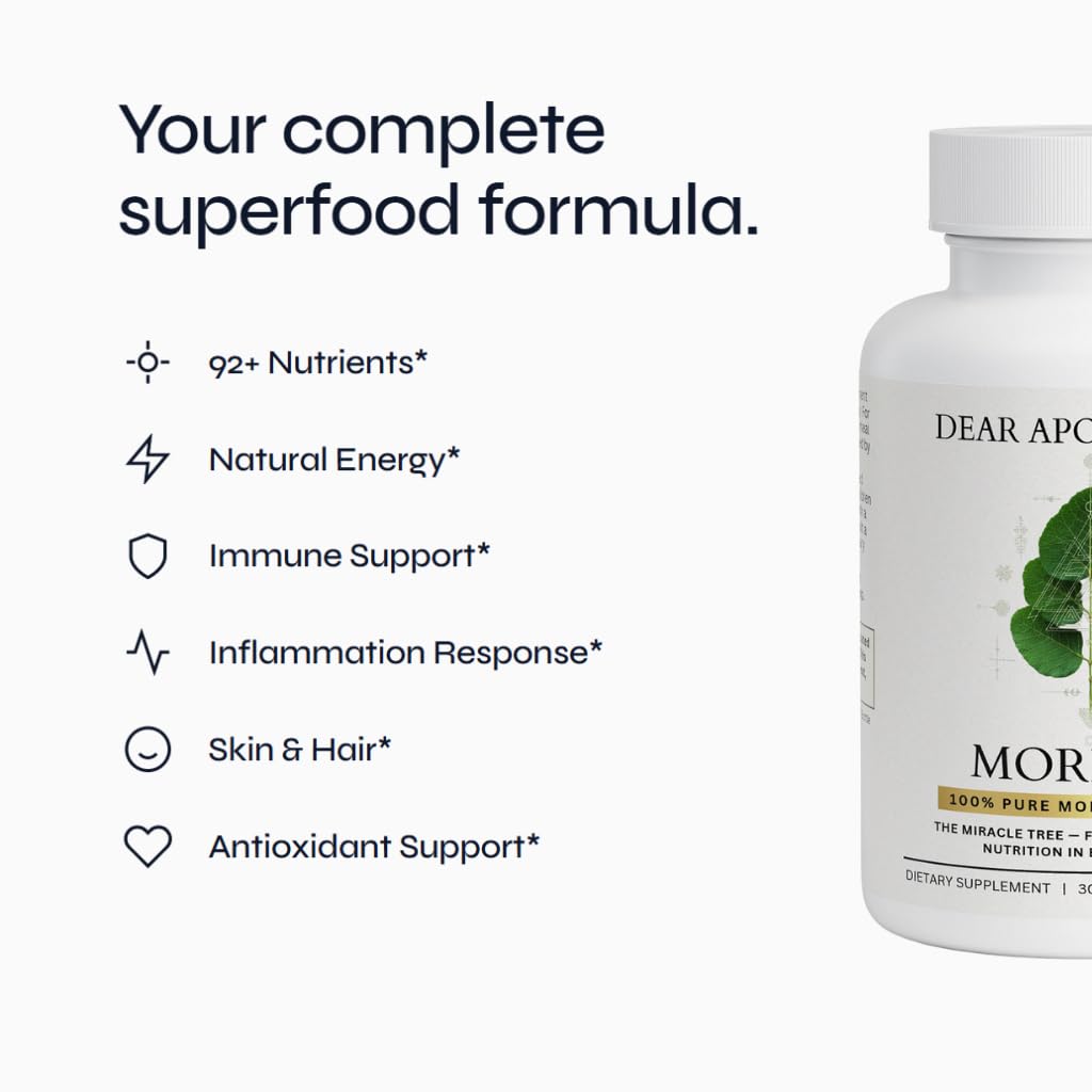 Moringa Oleifera Capsules 800mg - Pure Leaf Powder Superfood with Antioxidants Vitamins Minerals Amino Acids - Energy Immune Support Green Supplement for Men Women - Maple Wellness Supplements