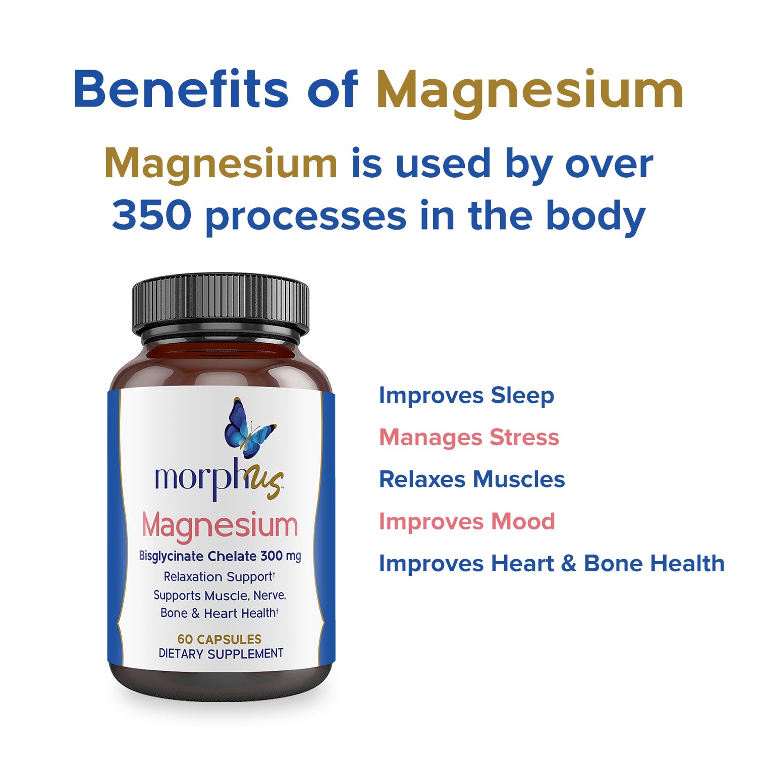 Morphus Magnesium Bisglycinate Chelate 300mg Supplement | 60 Capsules | Helps Women with Perimenopause & Menopause Symptoms | Restful Sleep, De-Stress, Relaxes Muscles & Nerves | Fast Absorption - Maple Wellness Supplements