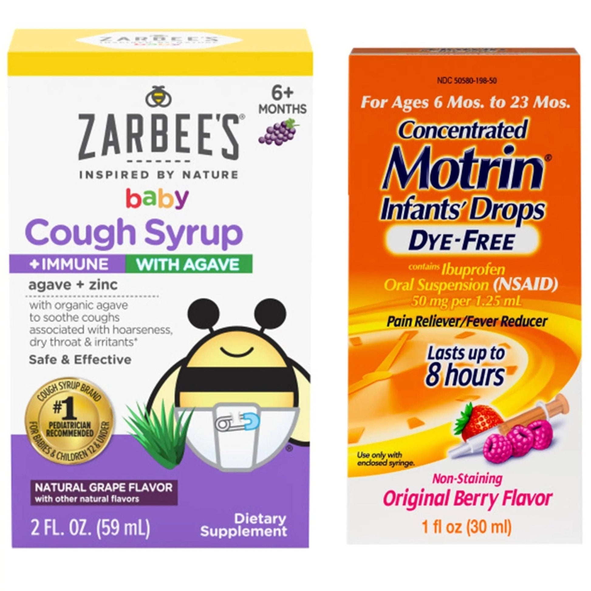 Motrin and Zarbee’s Essentials for Infants Infants' Concentrated Liquid Medicine Drops with Ibuprofen and Zarbee's Baby Coughⱡ Syrup + Immune with Organic Agave + Zinc - Maple Wellness Supplements
