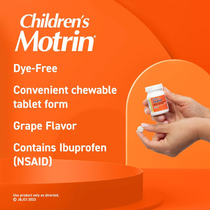 Motrin Children's Dye-Free Chewable Tablets with Ibuprofen, Kids' Fever Reducer & Pain Reliever for Sore Throat, Fever, Toothache & Pain Relief, Grape Flavor, 24 Ct - Maple Wellness Supplements