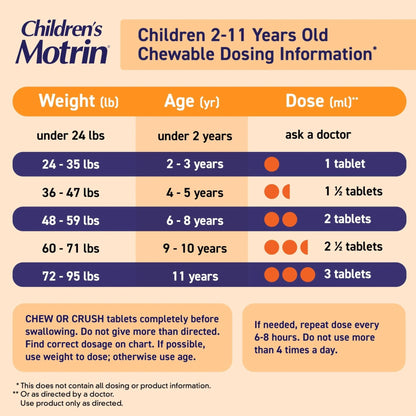 Motrin Children's Dye-Free Chewable Tablets with Ibuprofen, Kids' Fever Reducer & Pain Reliever for Sore Throat, Fever, Toothache & Pain Relief, Grape Flavor, 24 Ct - Maple Wellness Supplements