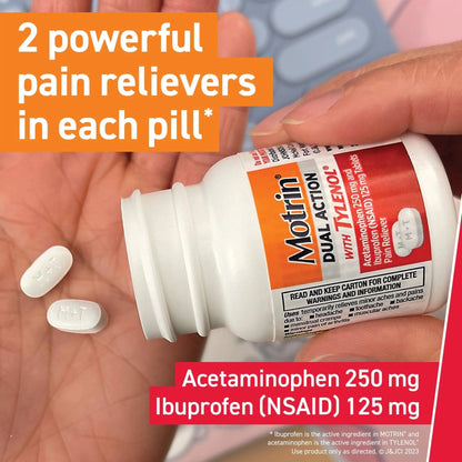 Motrin Dual Action with Tylenol, Ibuprofen & Acetaminophen Fast-Acting Dual Action Pain Reliever for Minor Aches & Pains, Ibuprofen (NSAID) 125 mg & Acetaminophen 250 mg, 120 ct - Maple Wellness Supplements