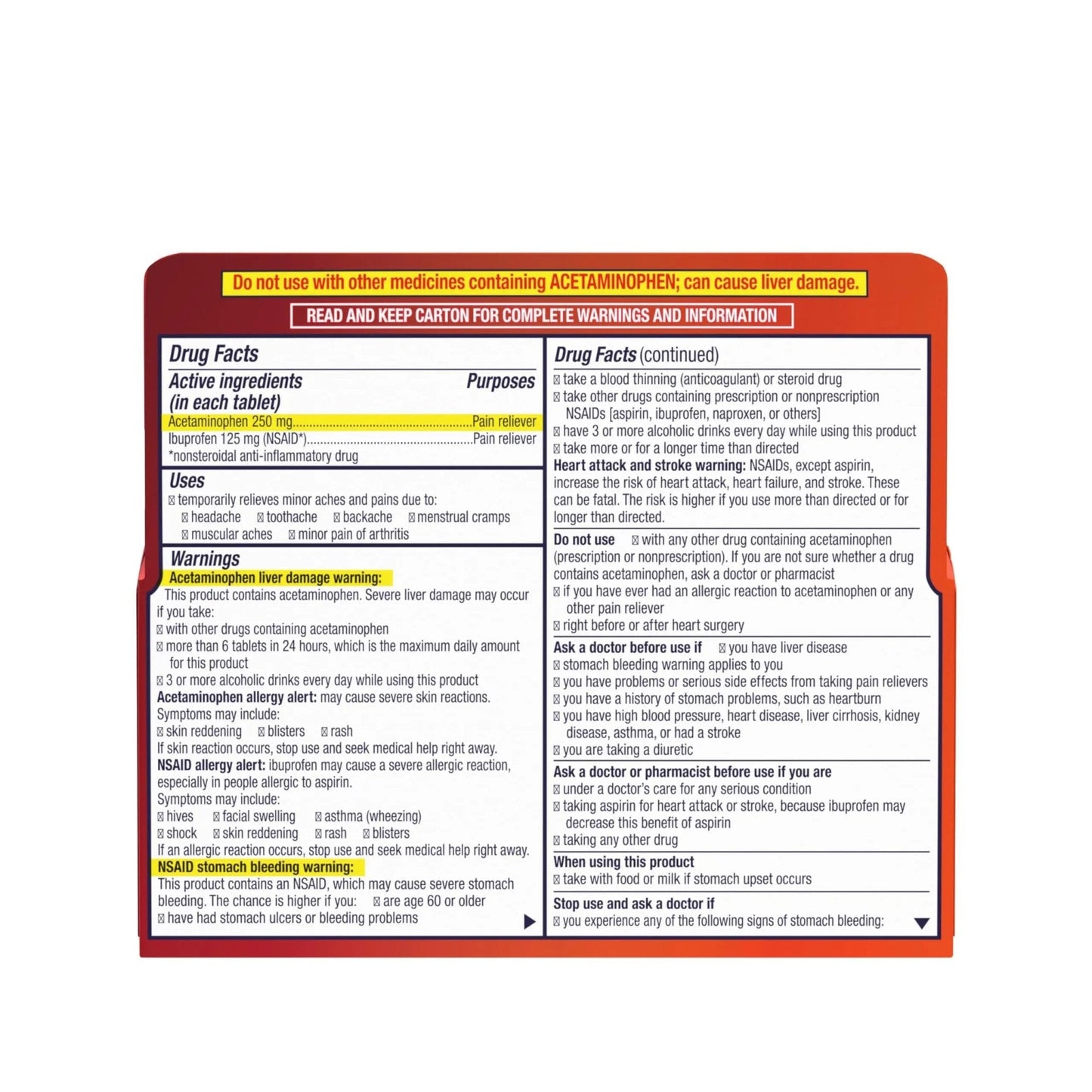 Motrin Dual Action with Tylenol, Ibuprofen & Acetaminophen Fast-Acting Dual Action Pain Reliever for Minor Aches & Pains, Ibuprofen (NSAID) 125 mg & Acetaminophen 250 mg, 120 ct - Maple Wellness Supplements
