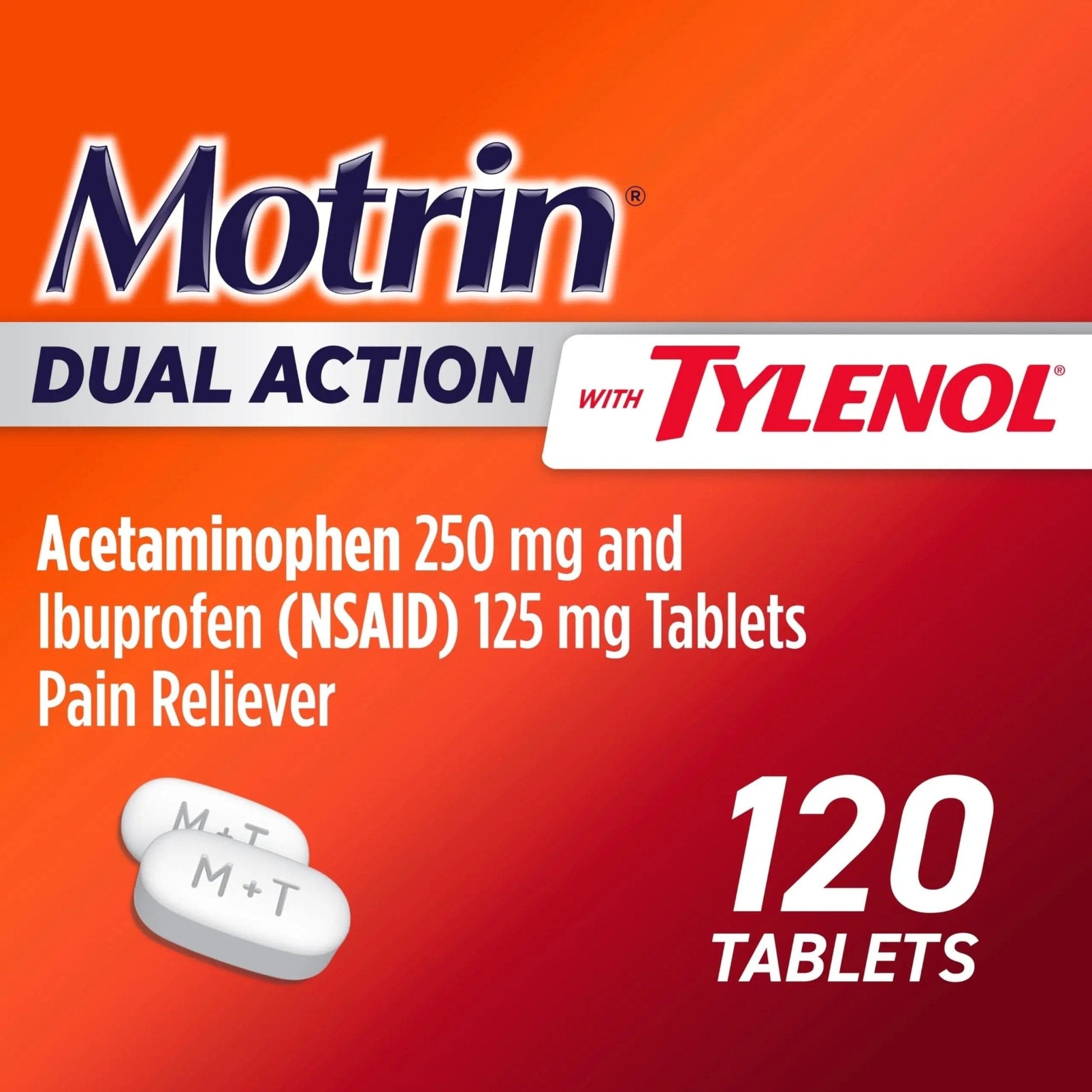 Motrin Dual Action with Tylenol, Ibuprofen & Acetaminophen Fast-Acting Dual Action Pain Reliever for Minor Aches & Pains, Ibuprofen (NSAID) 125 mg & Acetaminophen 250 mg, 120 ct - Maple Wellness Supplements