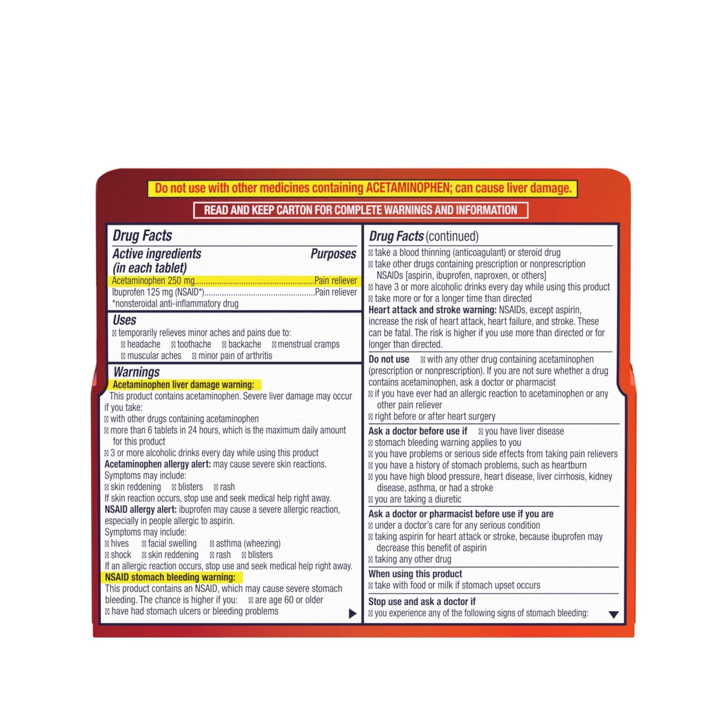 Motrin Dual Action with Tylenol, Ibuprofen & Acetaminophen Fast-Acting, Long Lasting Pain Reliever for Minor Aches & Pains, Ibuprofen (NSAID) 125 mg & Acetaminophen 250 mg, 120 ct - Maple Wellness Supplements