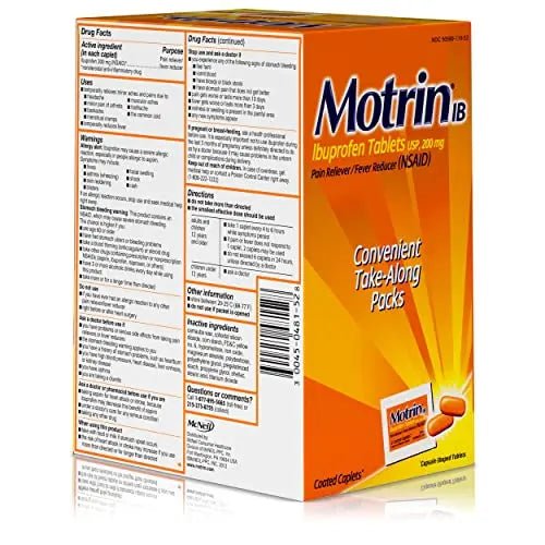 Motrin IB, Ibuprofen 200mg Tablets, NSAID Pain & Fever Reliever for Headache, Backache, Muscular Aches, Arthritis Pain Reliever, 50 Travel Packets of 2, 100 ct - Maple Wellness Supplements