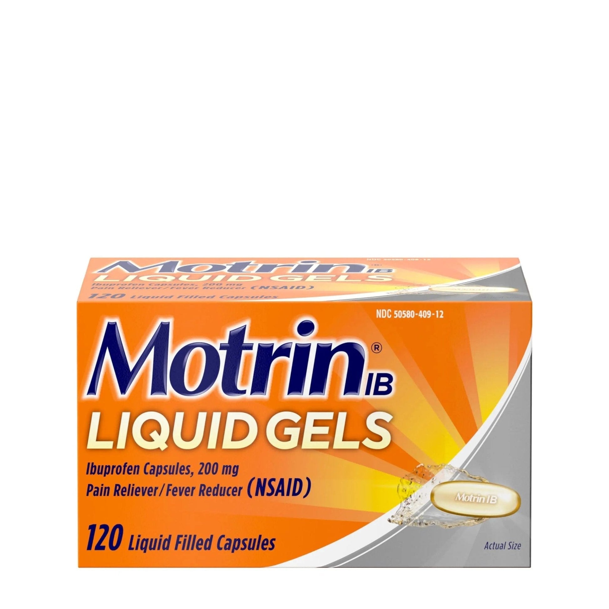 Motrin IB Liquid Gels with 200mg Ibuprofen per Caplet, Pain Reliever & Fever Reducer for Adults, Relief from Minor Arthritis Pain, Muscle Aches, Headache, Menstrual Cramps & Backache, 120 ct - Maple Wellness Supplements