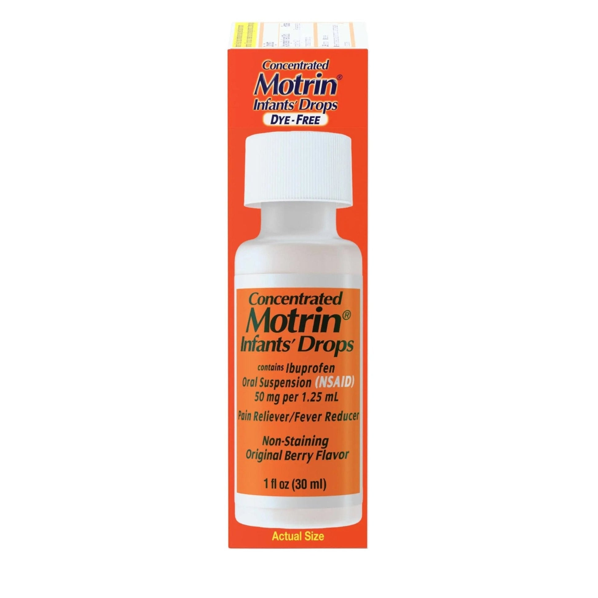 Motrin Infants Infant Ibuprofen Oral Suspension Concentrated Drops, NSAID Fever Reducer & Pain Reliever for Babies, Dye Free, Alcohol-Free, Berry Flavor, Includes Enclosed Syringe, 1 fl. oz - Maple Wellness Supplements