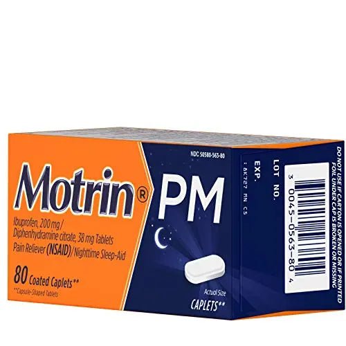 Motrin PM Caplets with 200 mg Ibuprofen & 38 mg Diphenhydramine Sleep Aid, Nighttime Pain Reliever for Minor Aches & Pains, Bulk, 80 ct - Maple Wellness Supplements