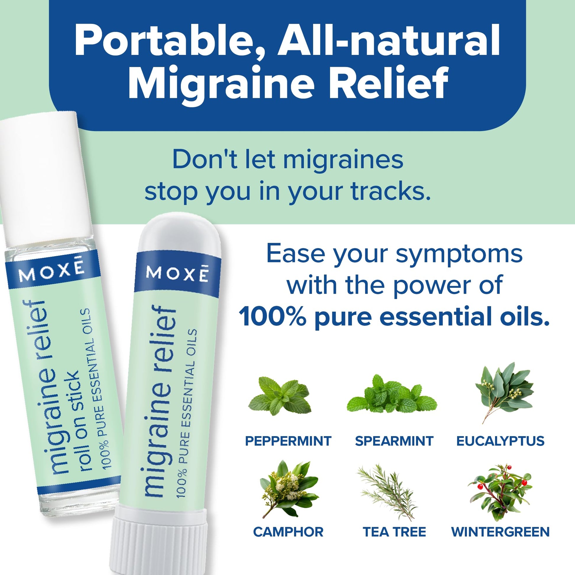 MOXE Migraine Rollon Stick & Nasal Inhaler, Fast Cooling Comfort for Headaches & Tension, Non-Medicated Soothing Vapors, Peppermint, Eucalyptus, and Other Essential Oils, Metal Roller, Made in USA - Maple Wellness Supplements