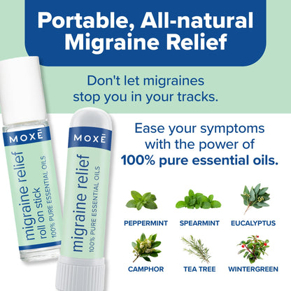 MOXE Migraine Rollon Stick & Nasal Inhaler, Fast Cooling Comfort for Headaches & Tension, Non-Medicated Soothing Vapors, Peppermint, Eucalyptus, and Other Essential Oils, Metal Roller, Made in USA - Maple Wellness Supplements
