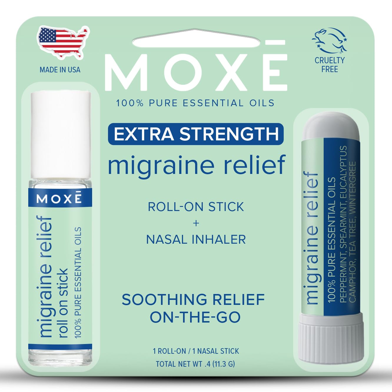 MOXE Migraine Rollon Stick & Nasal Inhaler, Fast Cooling Comfort for Headaches & Tension, Non-Medicated Soothing Vapors, Peppermint, Eucalyptus, and Other Essential Oils, Metal Roller, Made in USA - Maple Wellness Supplements
