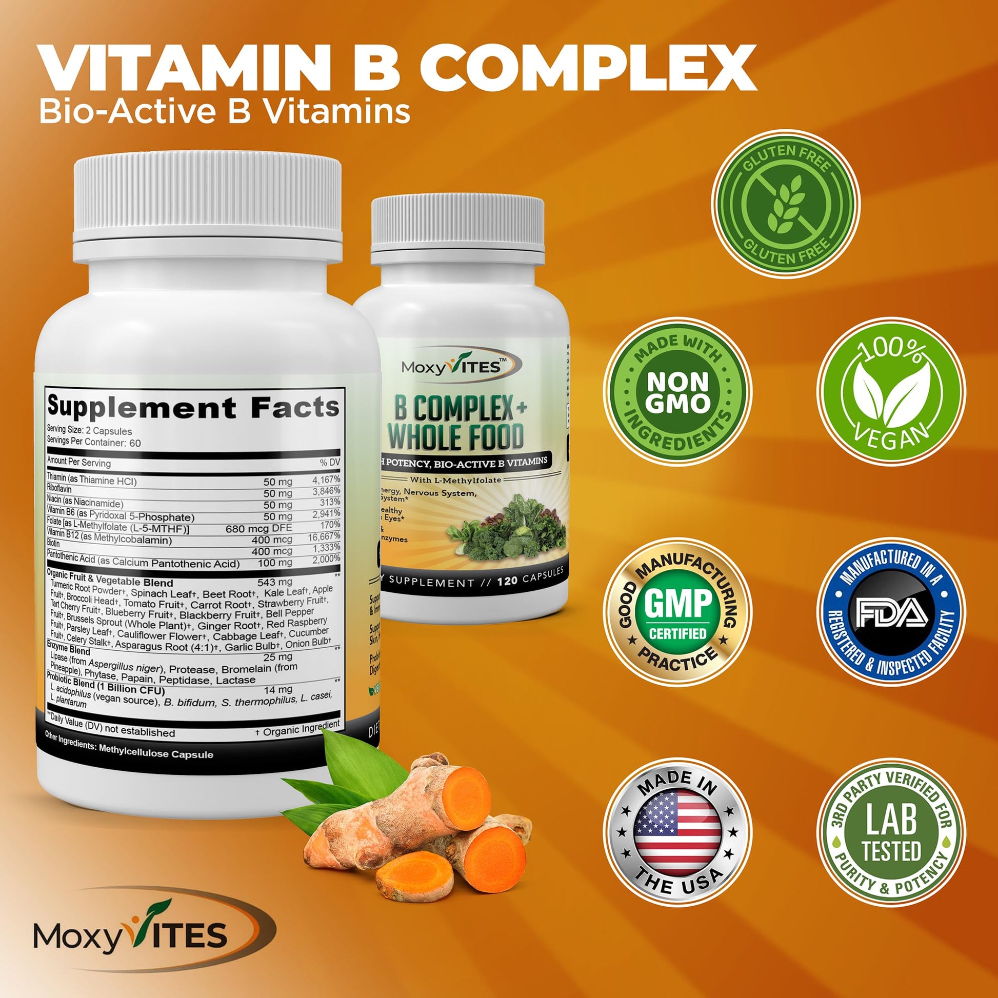 MoxyVites Vitamin B Complex - B Vitamins Whole Food Supplement, B12 Methylcobalamin, B1, B2, B3, B5, B6, B7, B9 - for Stress - Maple Wellness Supplements