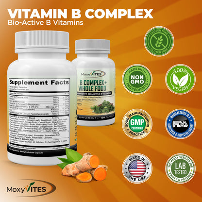 MoxyVites Vitamin B Complex - B Vitamins Whole Food Supplement, B12 Methylcobalamin, B1, B2, B3, B5, B6, B7, B9 - for Stress - Maple Wellness Supplements