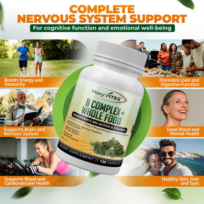 MoxyVites Vitamin B Complex - B Vitamins Whole Food Supplement, B12 Methylcobalamin, B1, B2, B3, B5, B6, B7, B9 - for Stress - Maple Wellness Supplements