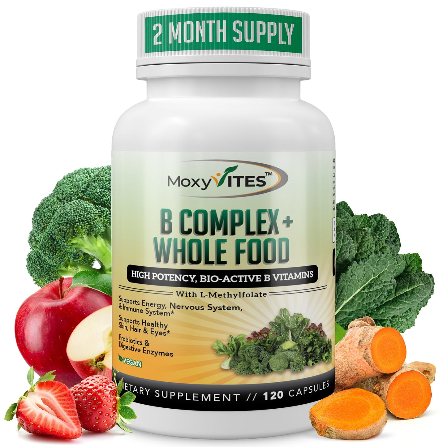 MoxyVites Vitamin B Complex - B Vitamins Whole Food Supplement, B12 Methylcobalamin, B1, B2, B3, B5, B6, B7, B9 - for Stress - Maple Wellness Supplements