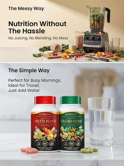 MPRAYAN Fruits and Veggies Capsules - 90 Fruits + 90 Veggies - Whole Food Superfood Supplement - Daily Greens Vitamins & Minerals - Plant Based Nutrition - Vegan Non-GMO - 180 Capsules - Maple Wellness Supplements