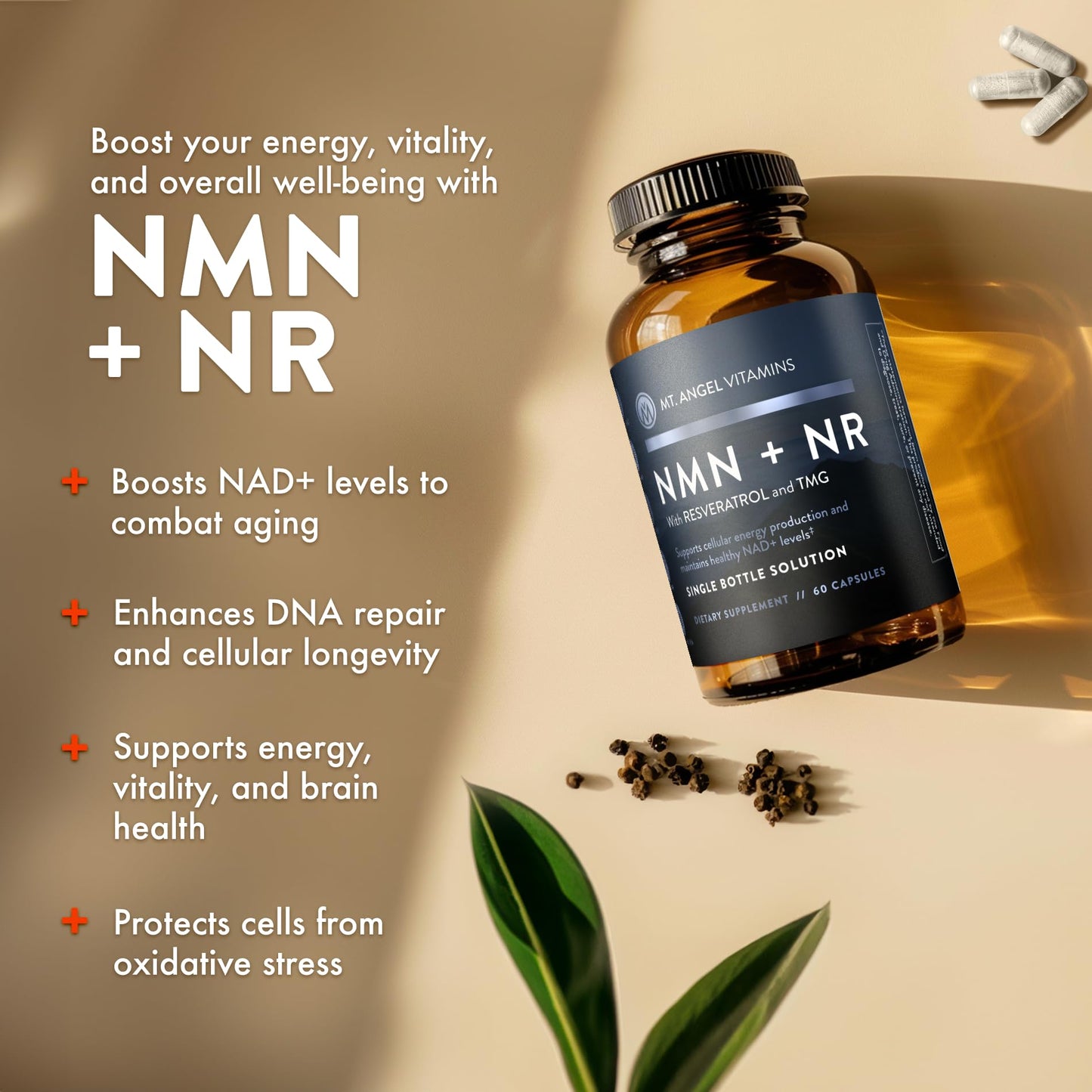 Mt. Angel Vitamins NMN Supplement + NR with Resveratrol & TMG, Dual NAD+ Precursors for Cellular Energy & Healthy Aging, 60 Capsules - Maple Wellness Supplements