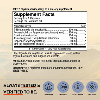 Mt. Angel Vitamins NMN Supplement + NR with Resveratrol & TMG, Dual NAD+ Precursors for Cellular Energy & Healthy Aging, 60 Capsules - Maple Wellness Supplements
