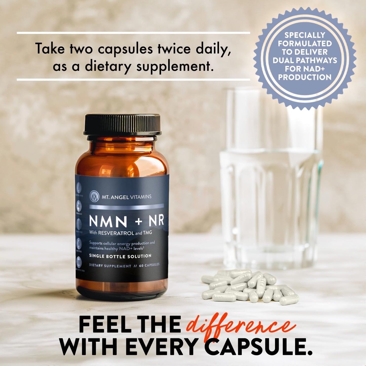 Mt. Angel Vitamins NMN Supplement + NR with Resveratrol & TMG, Dual NAD+ Precursors for Cellular Energy & Healthy Aging, 60 Capsules - Maple Wellness Supplements