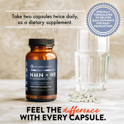 Mt. Angel Vitamins NMN Supplement + NR with Resveratrol & TMG, Dual NAD+ Precursors for Cellular Energy & Healthy Aging, 60 Capsules - Maple Wellness Supplements