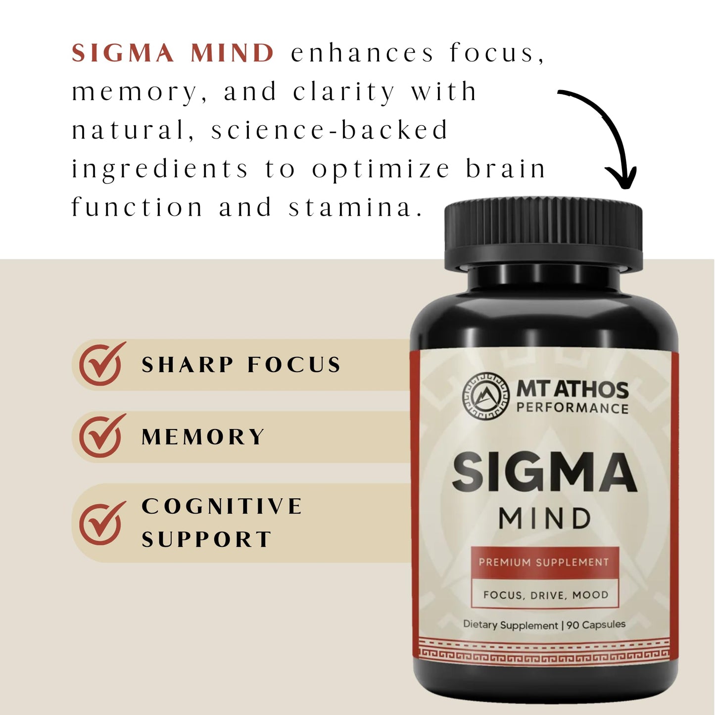 Mt. Athos Performance Sigma Mind | Potent Nootropic Formula to Support Cognitive Function, Improved Focus, Drive, and Mood | 30 Servings, 90 Capsules - Maple Wellness Supplements