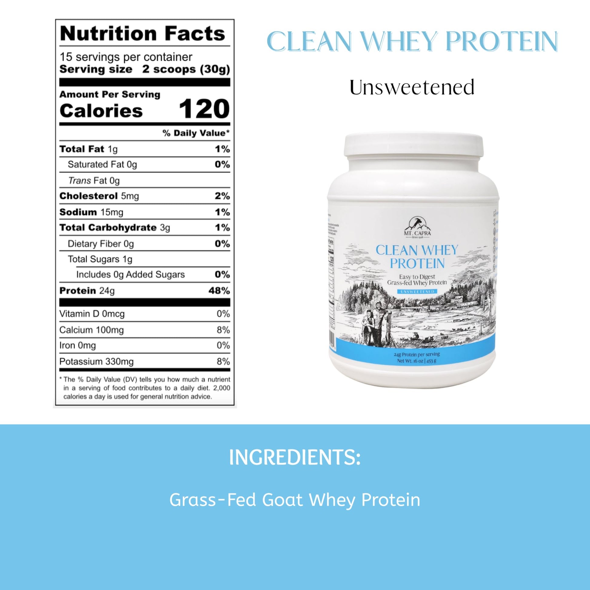 Mt. Capra Clean Whey Protein | Grass-Fed Undenatured Goat Whey Protein Powder | 24 g Protein Per Serving, All Natural, Non-GMO, High in Branch Chain Amino Acids | Unsweetened | 15 Servings - 16 oz - Maple Wellness Supplements