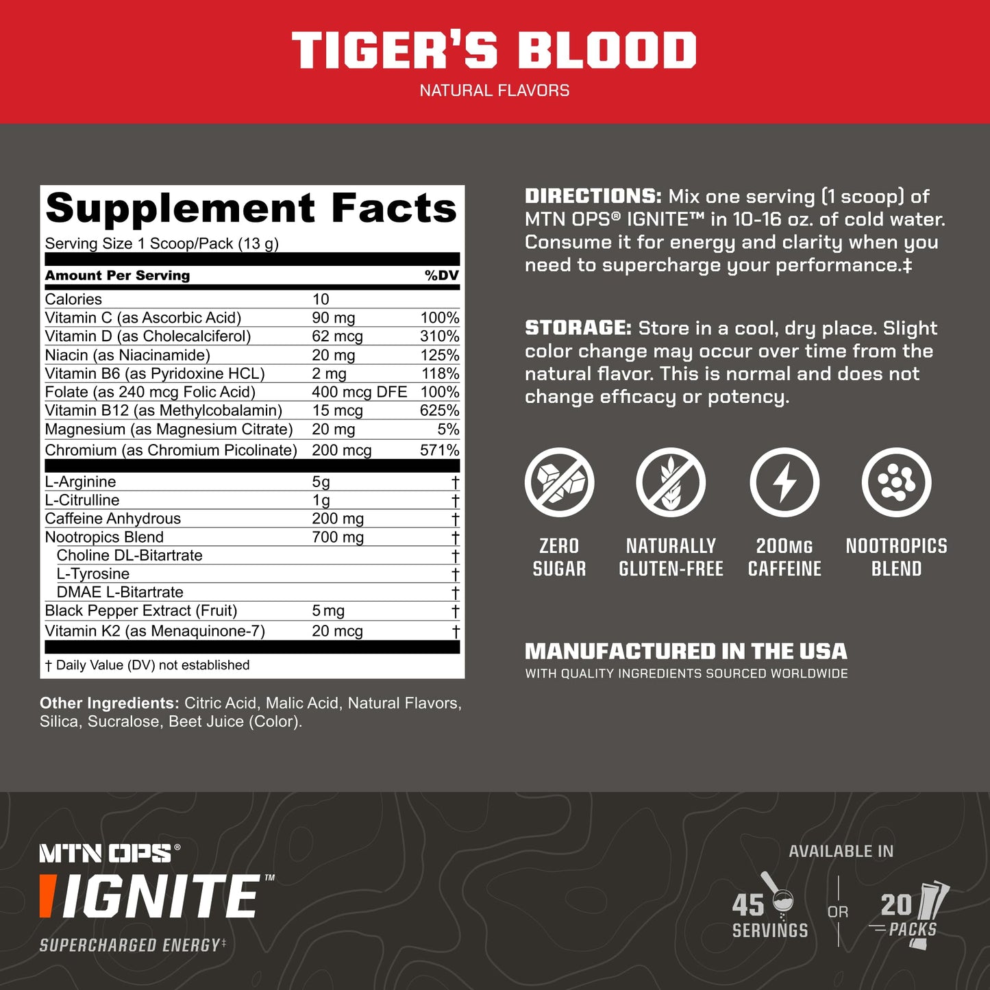 MTN OPS Ignite Trail Packs Energy Drink Powder, Gluten Free Nootropic Supplement Drink Mix, L Arginine, L Citrulline, Caffeine & Nootropic Sugar Free Drink Mix, 20 Servings, Tiger's Blood - Maple Wellness Supplements