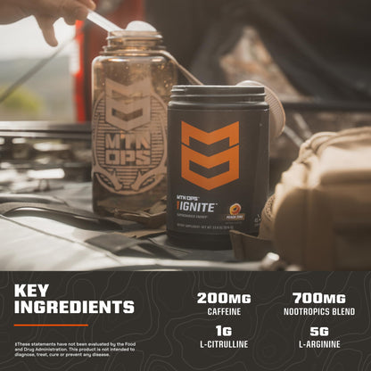 MTN OPS Ignite Trail Packs Energy Drink Powder, Gluten Free Nootropic Supplement Drink Mix, L Arginine, L Citrulline, Caffeine & Nootropic Sugar Free Drink Mix, 20 Servings, Tiger's Blood - Maple Wellness Supplements