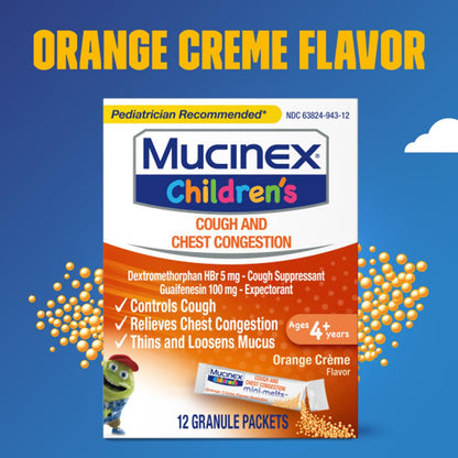Mucinex Children's Chest Congestion Expectorant and Cough Suppressant Mini-Melts, Orange Cream, 12 Count - Maple Wellness Supplements