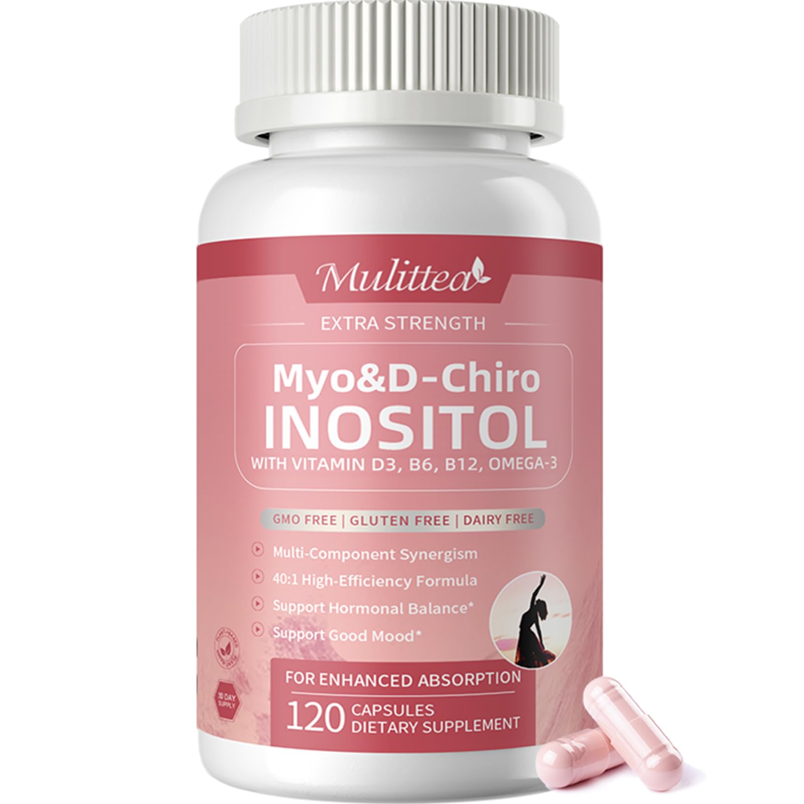 Mulittea Myo-Inositol & D-Chiro Supplement for Women - 14-in-1 Liposomal Inositol with Folic Acid,Omega-3 & Multivitamin for Hormone Balance,Support Ovarian,Skin & Mood- 40:1 Vegan 120 Capsules - Maple Wellness Supplements