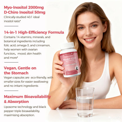 Mulittea Myo-Inositol & D-Chiro Supplement for Women - 14-in-1 Liposomal Inositol with Folic Acid,Omega-3 & Multivitamin for Hormone Balance,Support Ovarian,Skin & Mood- 40:1 Vegan 120 Capsules - Maple Wellness Supplements