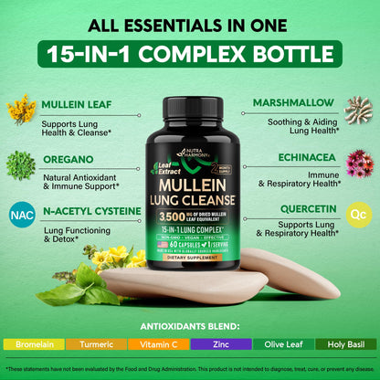 Mullein Lung Detox - Mullein Leaf Extract - Marshmallow Root | Echinacea | Oregano | Quercetin | NAC - 15-in-1 Lung Support & Cleanse for Smokers Supplement - Maple Wellness Supplements