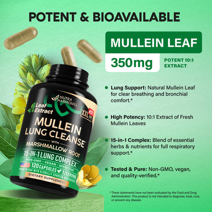Mullein Lung Detox - Mullein Leaf Extract - Marshmallow Root | Echinacea | Oregano | Quercetin | NAC - 15-in-1 Lung Support & Cleanse for Smokers Supplement - Maple Wellness Supplements