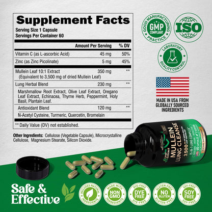 Mullein Lung Detox - Mullein Leaf Extract - Marshmallow Root | Echinacea | Oregano | Quercetin | NAC - 15-in-1 Lung Support & Cleanse for Smokers Supplement - Maple Wellness Supplements