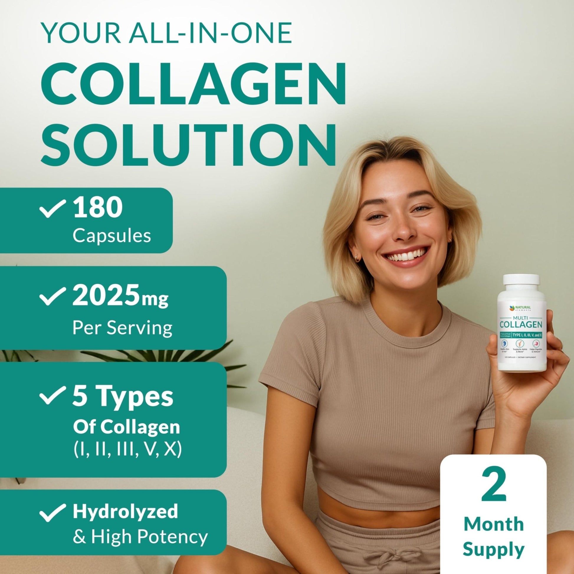 Multi Collagen 180 Protein Capsules - Type I, II, III, V, X Collagen Pills - Proprietary Blend of Eggshell, Chicken, Wild Fish & Grass-Fed - Maple Wellness Supplements