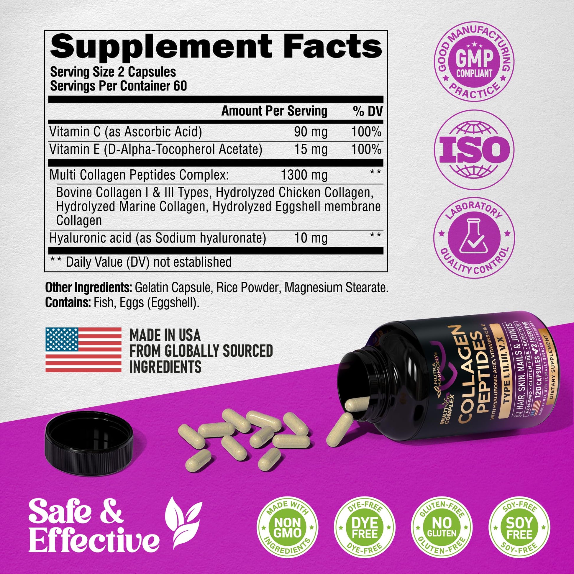 Multi Collagen Peptides - Hydrolyzed Types I, II, III, V & X - Collagen Supplement for Women 1300mg - w/ Hyaluronic Acid, Vitamins C & E - Skin, Hair, Nails & Joint Support - Made in USA, 120 Capsules - Maple Wellness Supplements