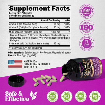Multi Collagen Peptides - Hydrolyzed Types I, II, III, V & X - Collagen Supplement for Women 1300mg - w/ Hyaluronic Acid, Vitamins C & E - Skin, Hair, Nails & Joint Support - Made in USA, 120 Capsules - Maple Wellness Supplements