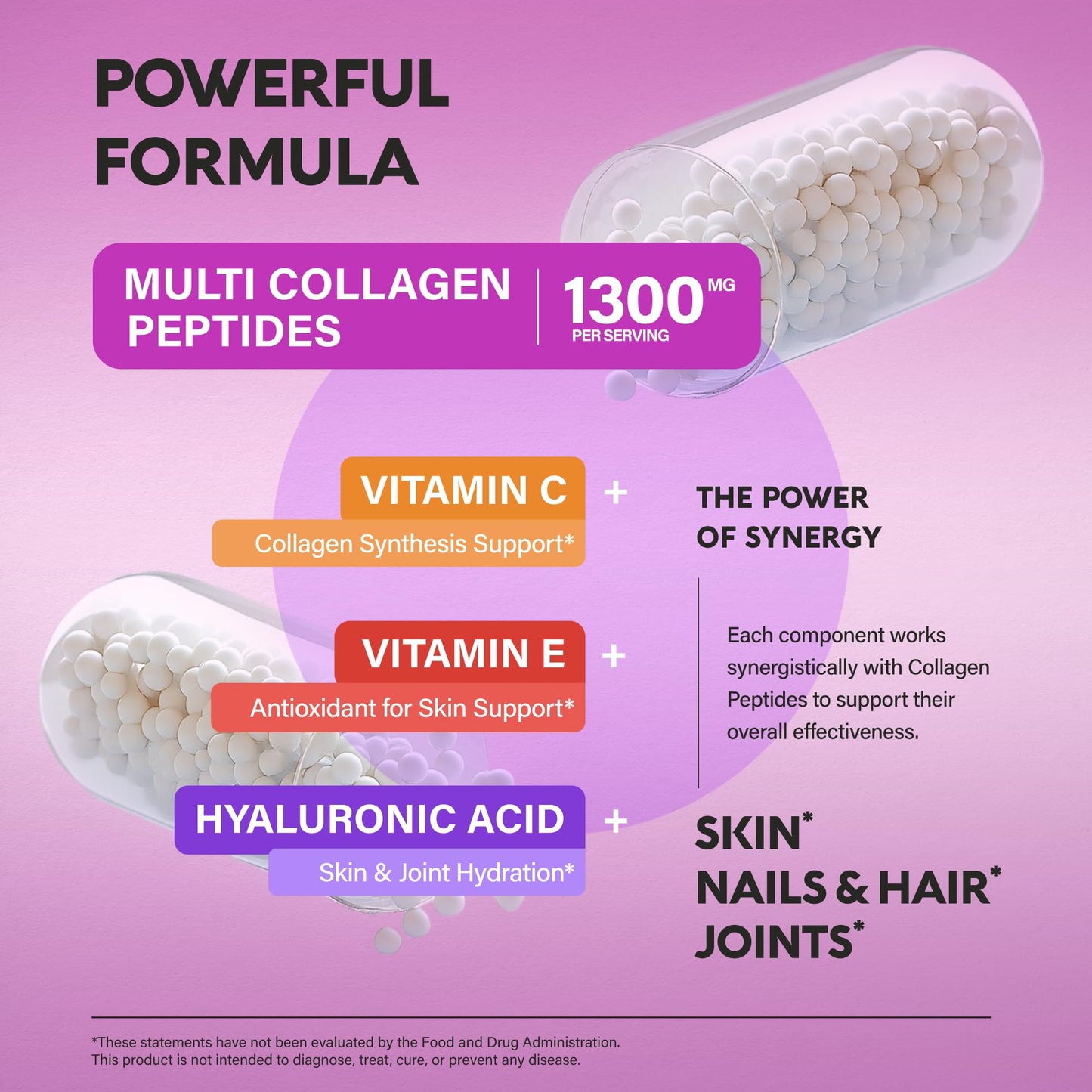 Multi Collagen Peptides - Hydrolyzed Types I, II, III, V & X - Collagen Supplement for Women 1300mg - w/ Hyaluronic Acid, Vitamins C & E - Skin, Hair, Nails & Joint Support - Made in USA, 120 Capsules - Maple Wellness Supplements