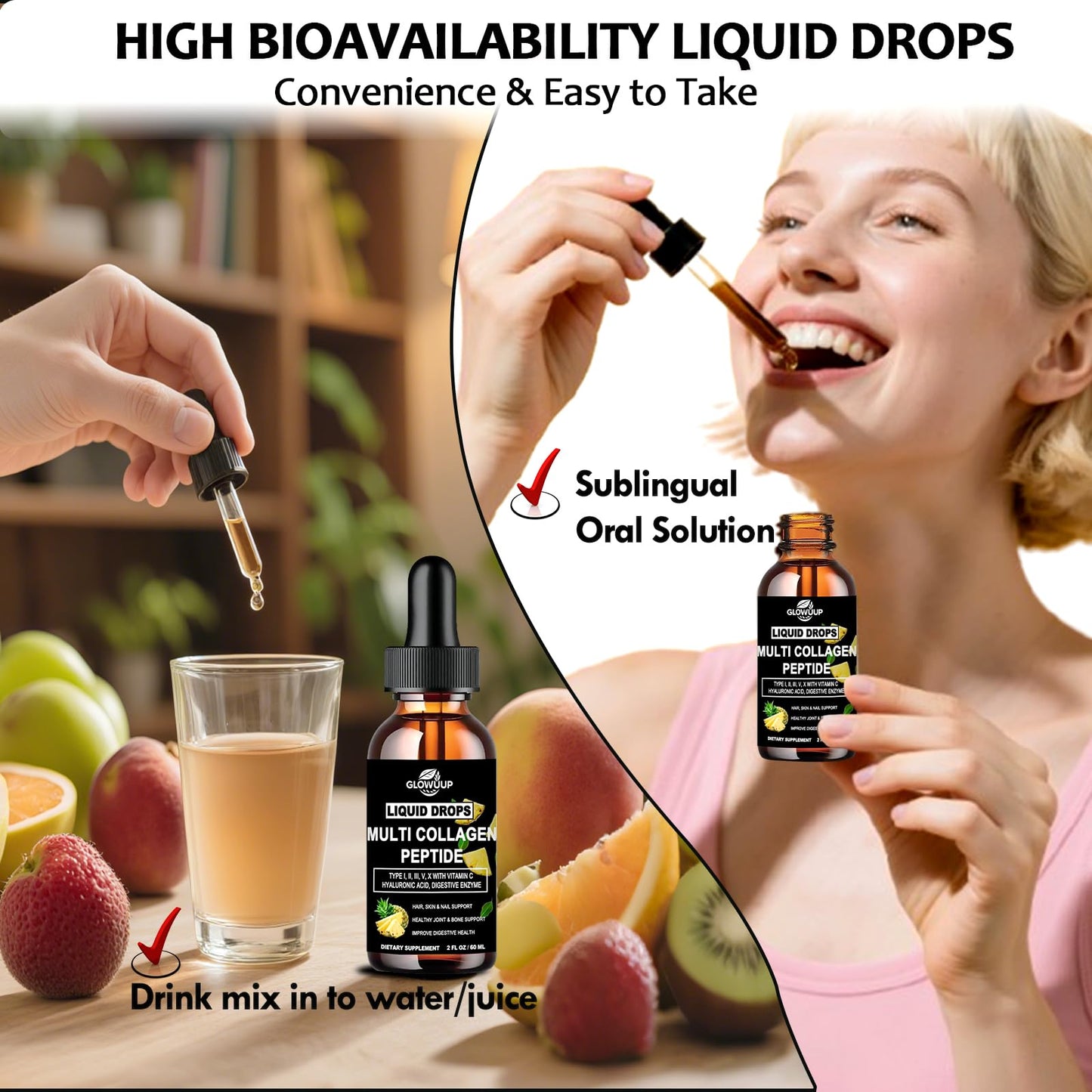 Multi Collagen Peptides Liquid Drops for Women & Men-Type I, II, III, V, X丨Hydrolyzed Collagen Peptides, Collagen Proteins W. Hyaluronic Acid, Biotin & Vitamin C for Hair Skin & Joint Gut Health - Maple Wellness Supplements