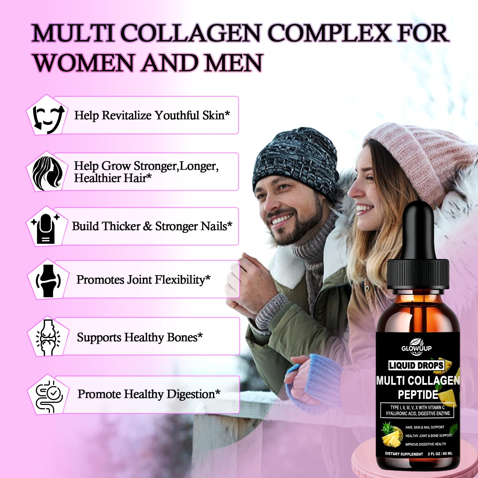 Multi Collagen Peptides Liquid Drops for Women & Men-Type I, II, III, V, X丨Hydrolyzed Collagen Peptides, Collagen Proteins W. Hyaluronic Acid, Biotin & Vitamin C for Hair Skin & Joint Gut Health - Maple Wellness Supplements
