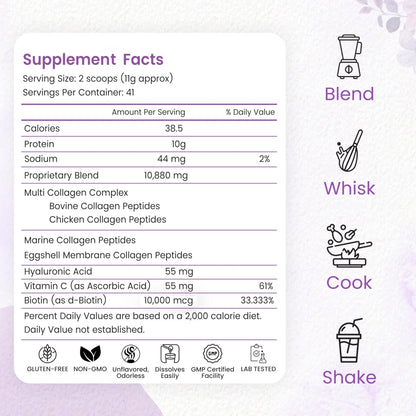 Multi Collagen Peptides Powder, 1 Pounds collagen powder- Type I,II,III,V,X with Biotin 10000mcg, Hyaluronic acid powder, Vitamin C - Unflavored Collagen Protein Powder - Maple Wellness Supplements