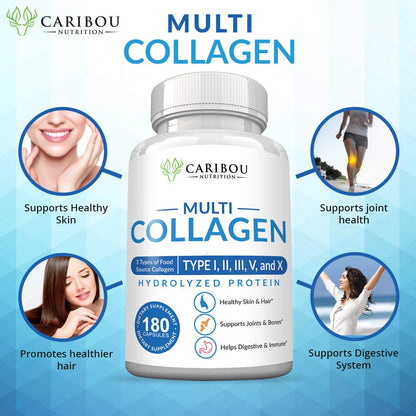 Multi Collagen Pills - 180 Collagen Pills - Type I, II, III, V & X Collagen Capsules - Unique Blend of Collagen Peptides Capsules - Wild Fish, Eggshell, - Maple Wellness Supplements