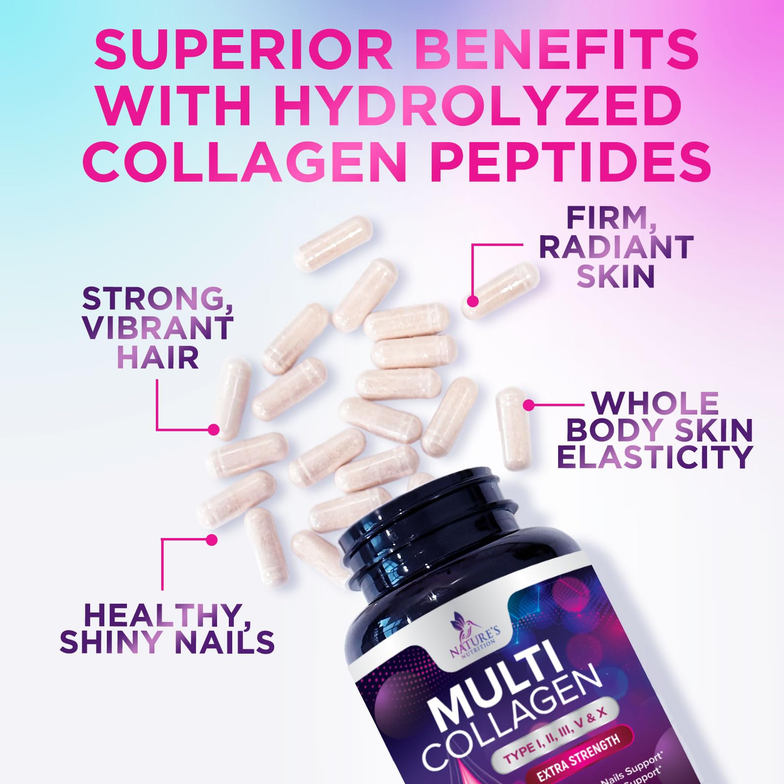 Multi Collagen Pills 2400 mg - Advanced Types I, II, III, V, X - Hydrolyzed Multi Collagen Peptides Pills, Collagen Supplements for Women & Men - Hair, Skin, & Nail Support Supplement - 120 Capsules - Maple Wellness Supplements