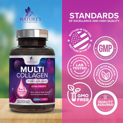Multi Collagen Pills 2400 mg - Advanced Types I, II, III, V, X - Hydrolyzed Multi Collagen Peptides Pills, Collagen Supplements for Women & Men - Hair, Skin, & Nail Support Supplement - 120 Capsules - Maple Wellness Supplements