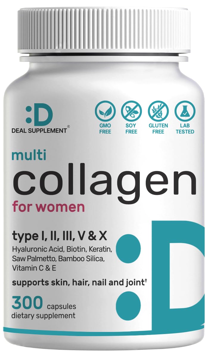 Multi Collagen Pills for Women & Men with Vitamin C, E & Biotin, 300 Capsules – Type I, II, III, V, X Hydrolyzed Collagen Peptides – 11 in 1 Formula with Saw Palmetto - Maple Wellness Supplements